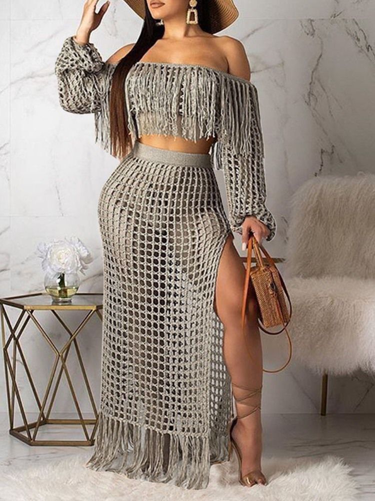 Mode Vanlig Tofs Off Shoulder Dam Bodycon Tvådelad Set