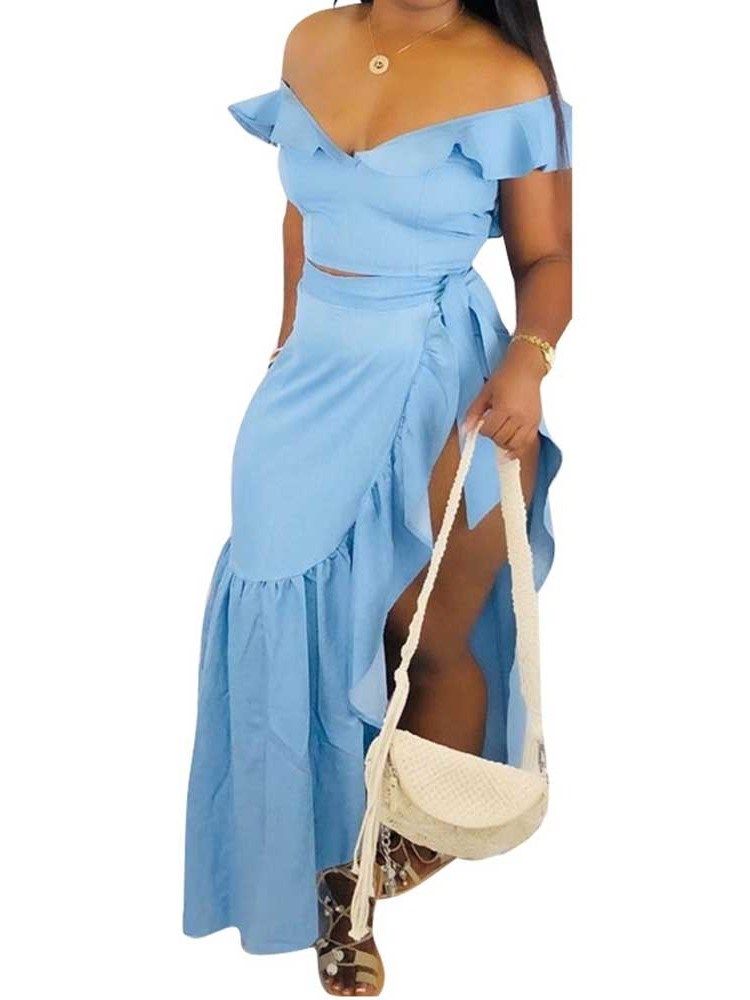 Off Shoulder Asymmetrisk Vanligt Volang T-Shirt Och Kjol I Två Delar