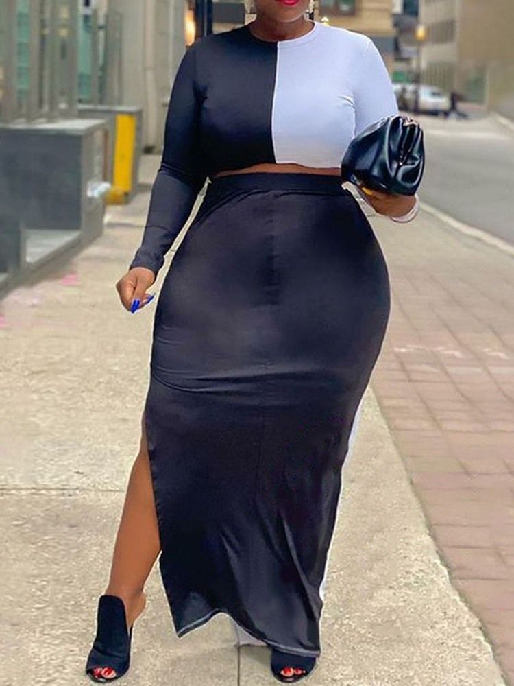 Office Lady Color Block Kjol Rund Hals Bodycon Dam Tvådelad Set