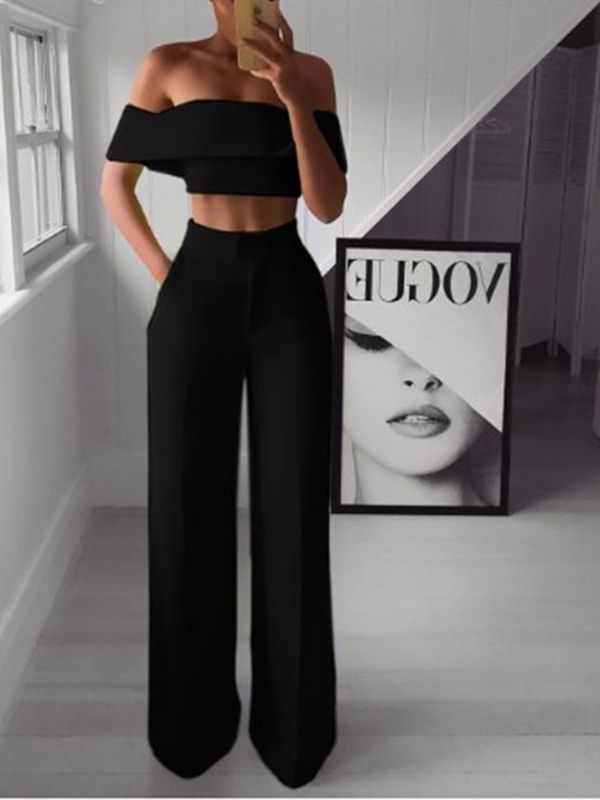 Office Lady T-Shirt Vanlig Off Shoulder Pullover Dam Tvådelad Set