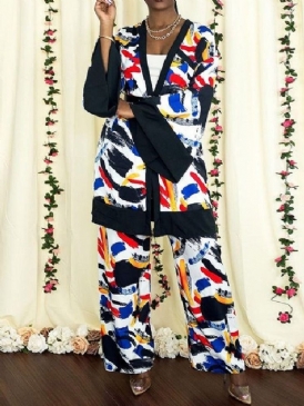 Patchwork Fashion Color Block V-Hals Rak Tvådelad Set Dambyxor Set