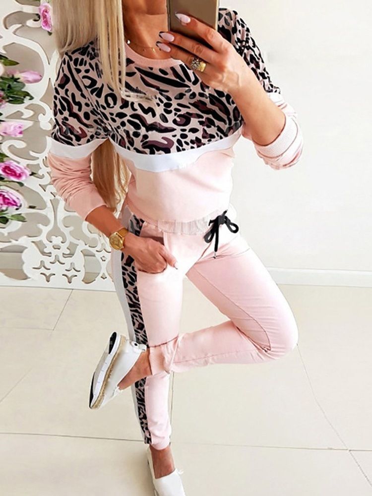 Patchwork Mode Leopard Rund Hals Penna Byxor Två Delar Uppsättningar