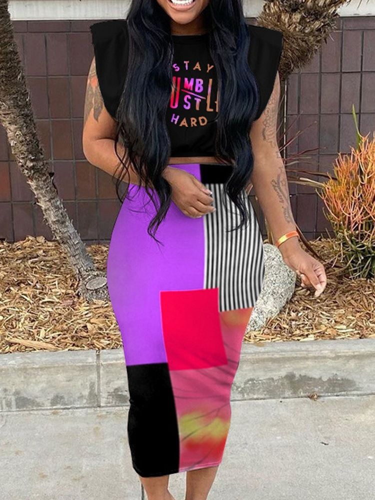 Patchwork Sweet Letter Bodycon Pullover I Två Delar