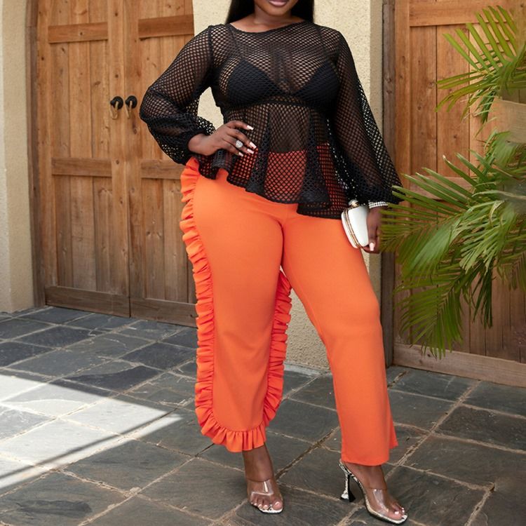 Plus Size Byxor Sexiga Genomskinliga Raka Rundhalsade Tvådelade Set