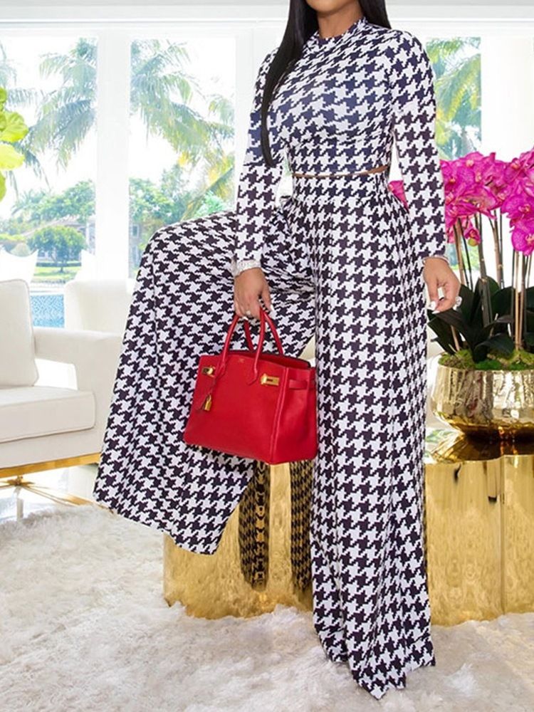 Pocket Houndstooth T-Shirt Med Breda Ben Pullover I Två Delar