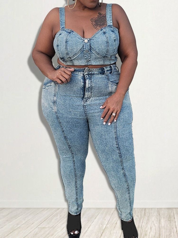 Pocket Western Plain V-Neck Pencil Byxor Tvådelade Set Dambyxor Set Plus Size