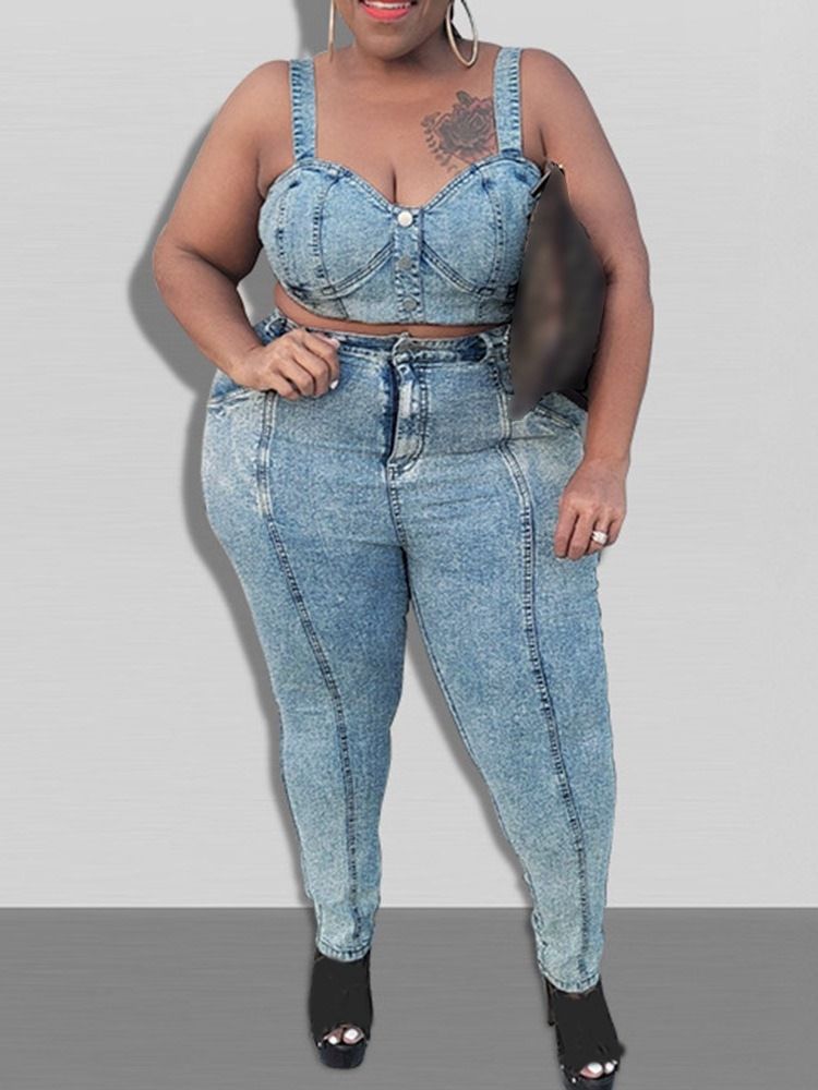 Pocket Western Plain V-Neck Pencil Byxor Tvådelade Set Dambyxor Set Plus Size