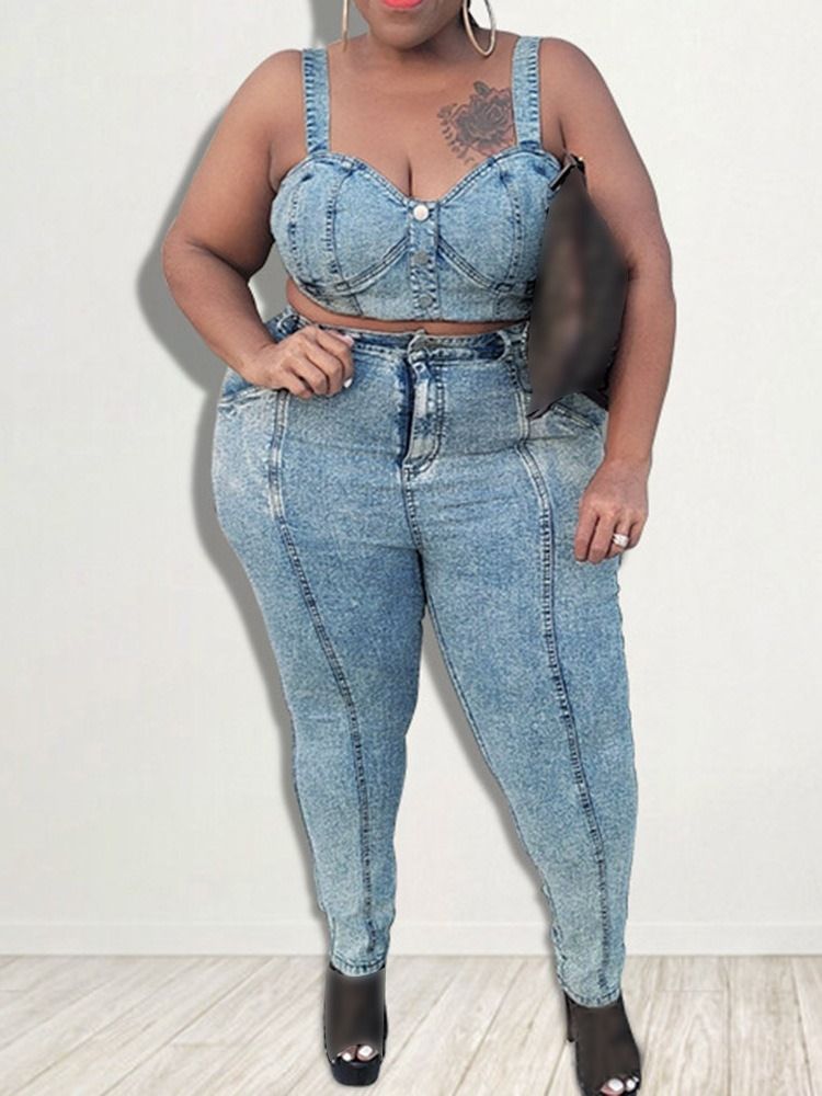 Pocket Western Plain V-Neck Pencil Byxor Tvådelade Set Dambyxor Set Plus Size