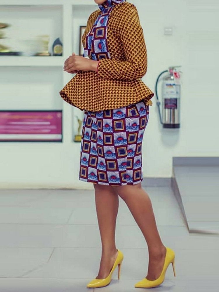 Print Bodycon Office Lady Slim Shirt And Kjol Tvådelad Set