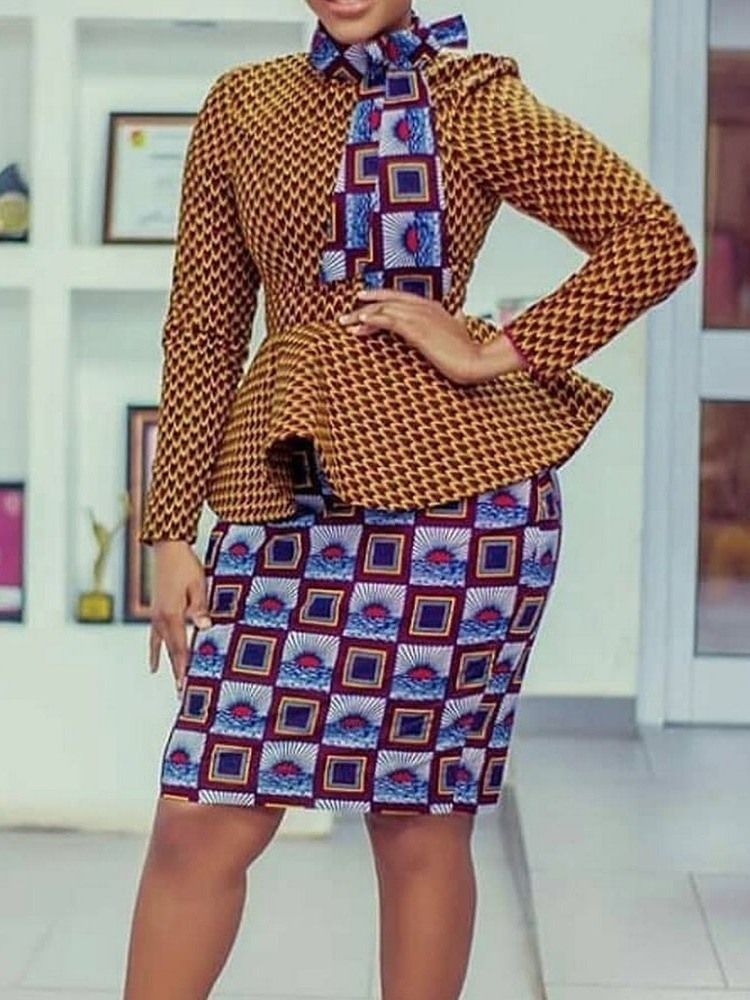 Print Bodycon Office Lady Slim Shirt And Kjol Tvådelad Set