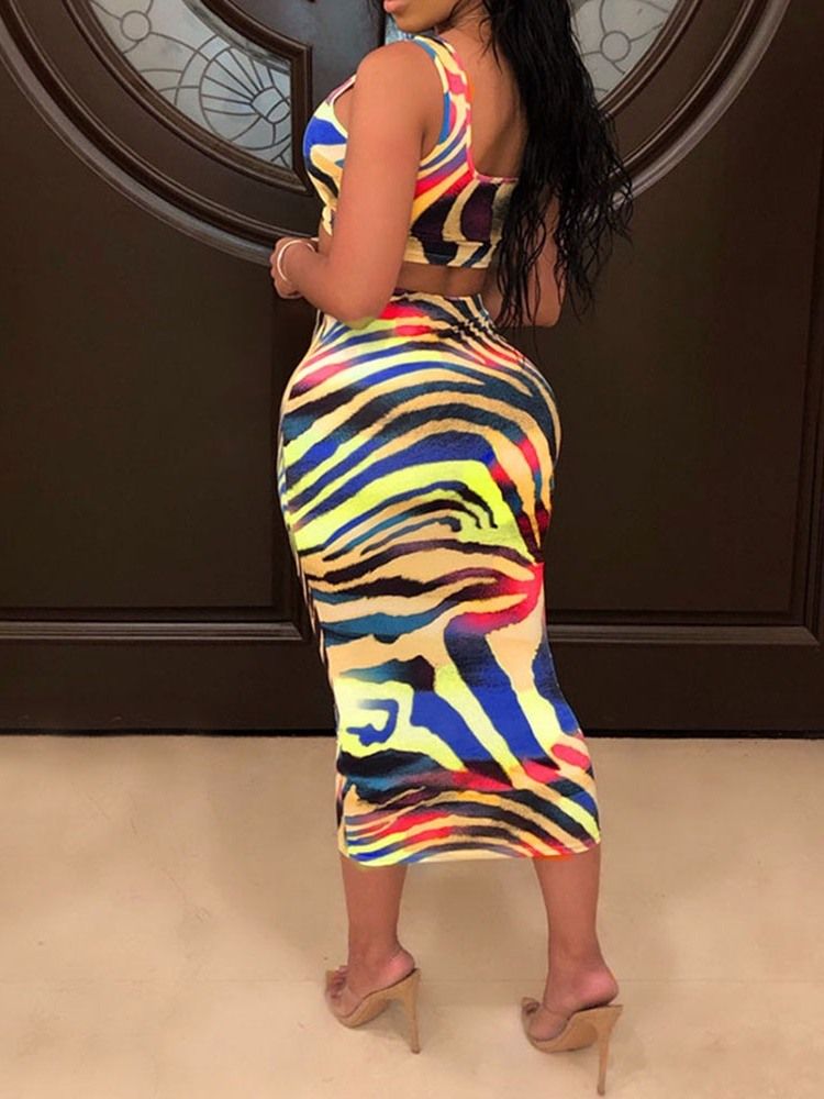 Print Kjol Western Square Neck Bodycon Dam Tvådelade Set