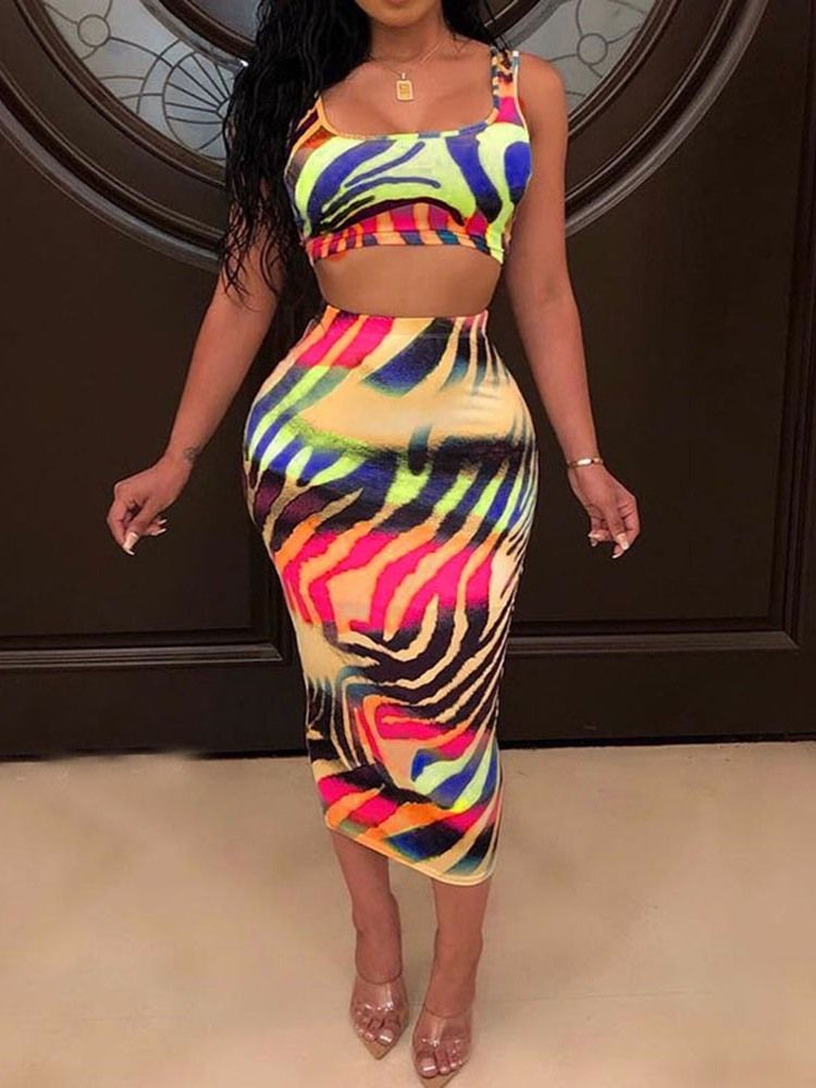 Print Kjol Western Square Neck Bodycon Dam Tvådelade Set