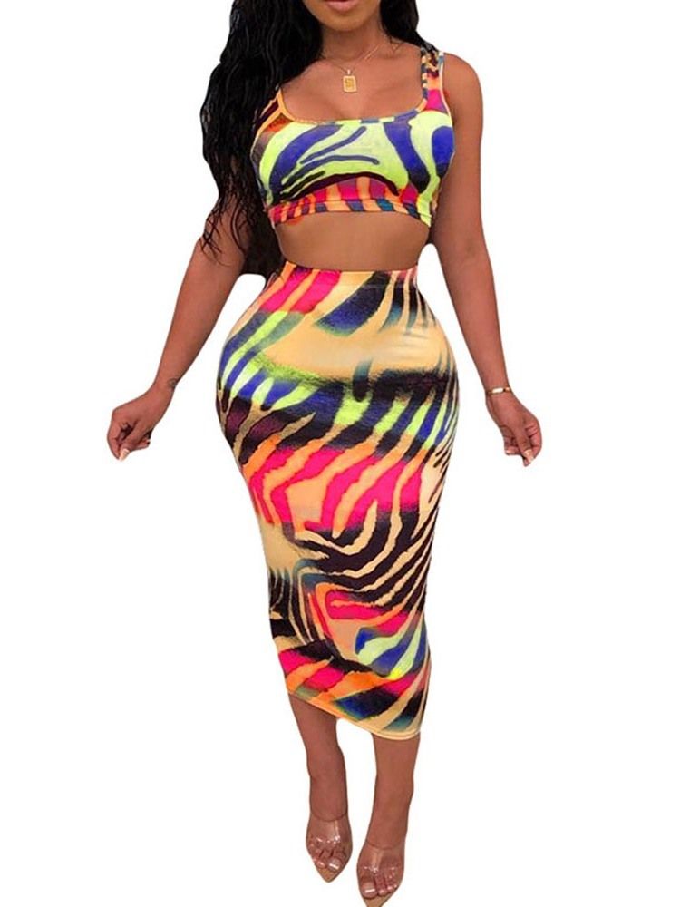 Print Kjol Western Square Neck Bodycon Dam Tvådelade Set