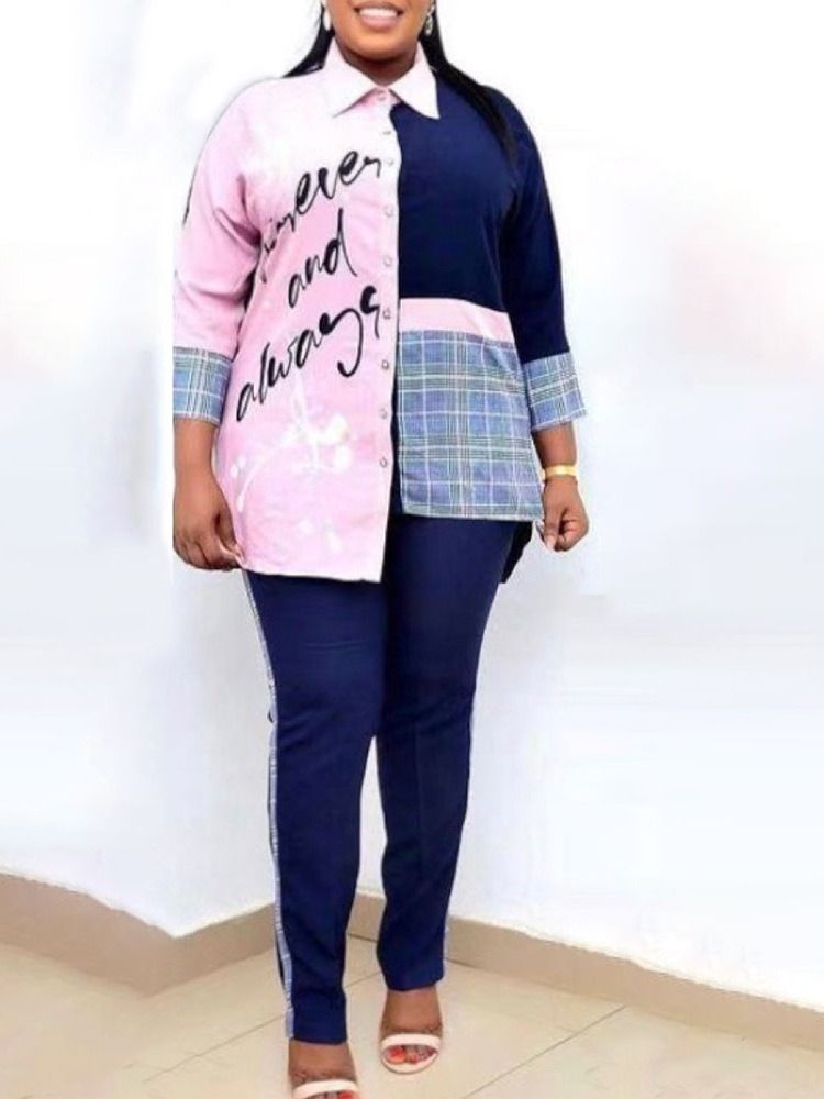 Print Letter Shirt Enkelknäppt Lapel Dam Tvådelade Set