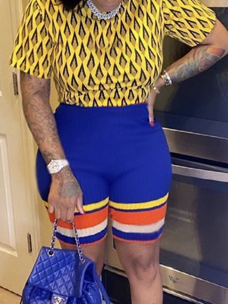 Print Shorts Casual Pullover Rund Neck Tvådelade Sets Dam Short Set