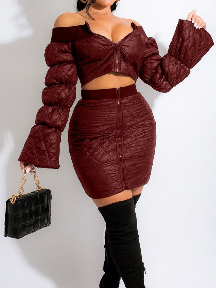 Sexig Dragkedja Vanlig Dragkedja Bodycon Tvådelade Set