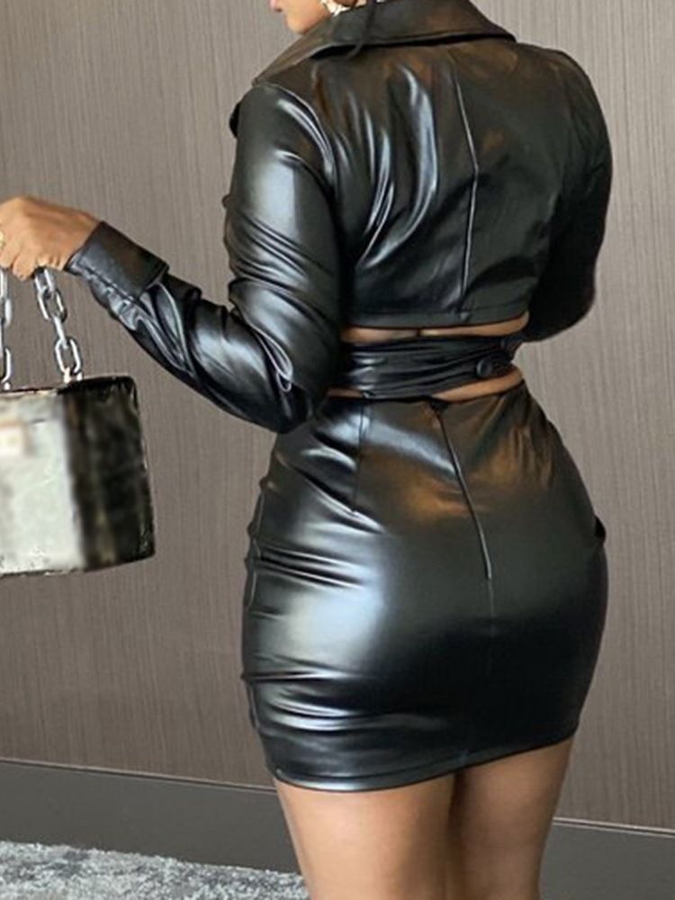 Sexig Enfärgad Läderkappa Bodycon Lapel I Två Delar