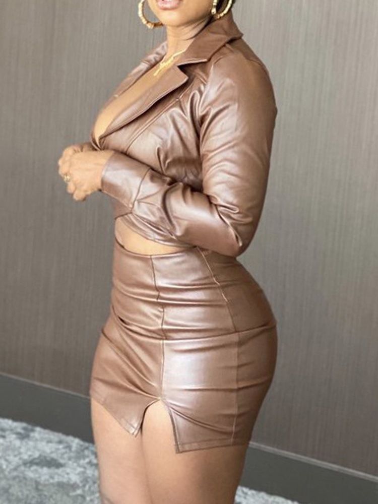 Sexig Enfärgad Läderkappa Bodycon Lapel I Två Delar