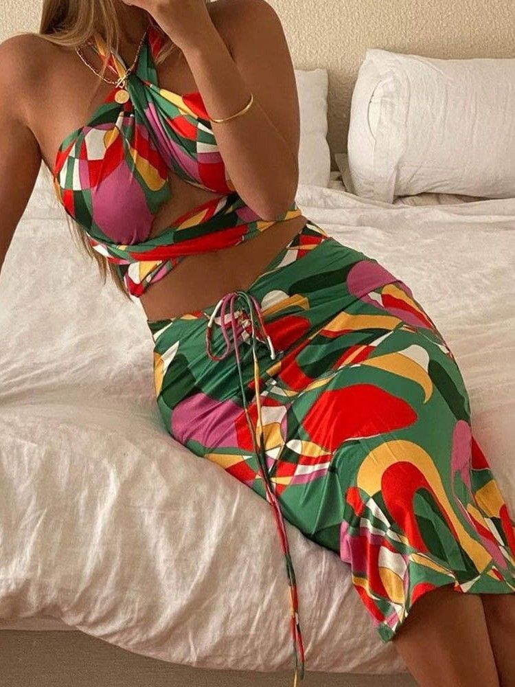 Sexig Kjoltryck Bodycon Tvådelade Set För Kvinnor