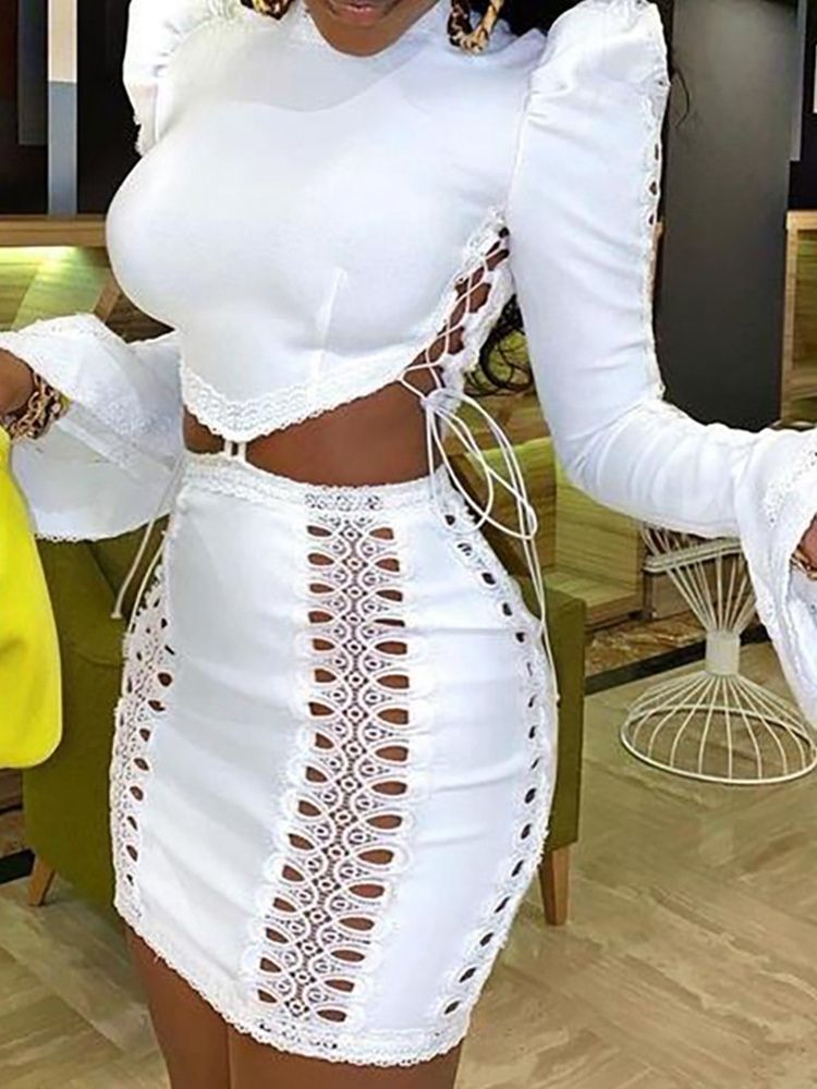 Sexig Plain Hollow Pullover Bodycon Tvådelad Set