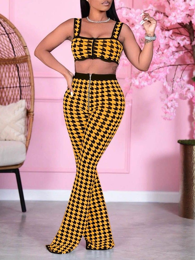 Sexiga Byxor Print Bellbottoms Dragkedja Dams Tvådelade Set