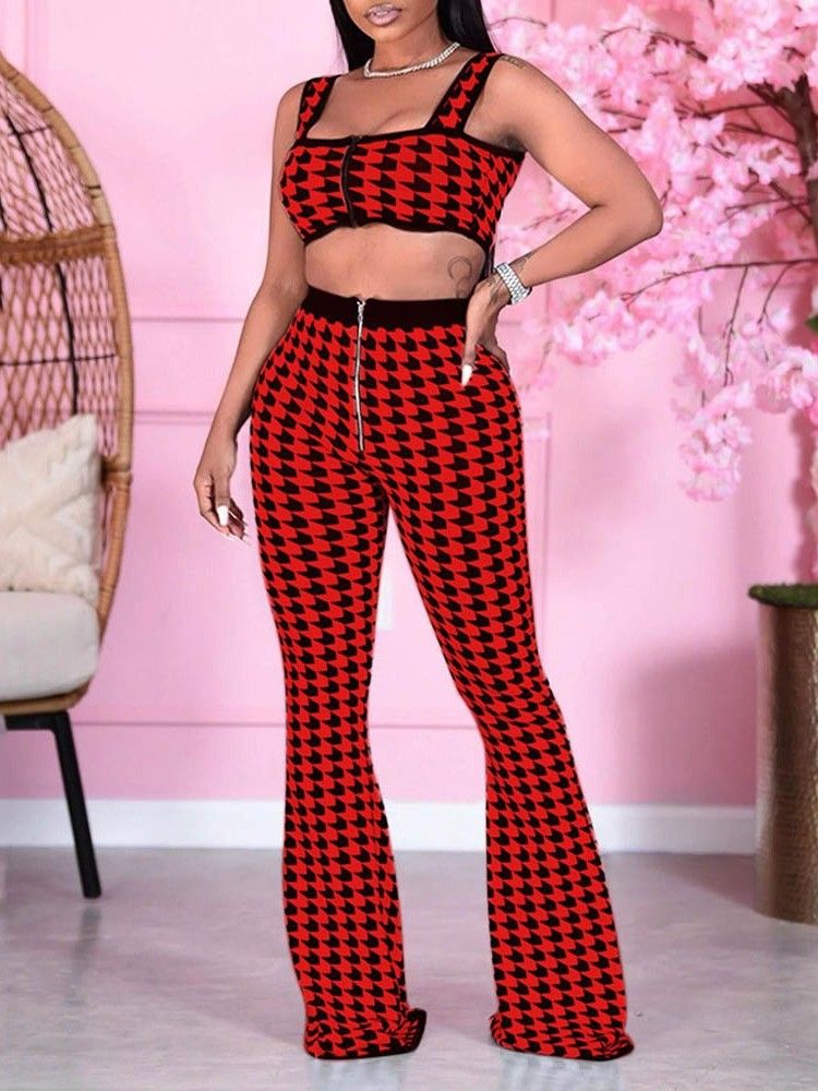 Sexiga Byxor Print Bellbottoms Dragkedja Dams Tvådelade Set