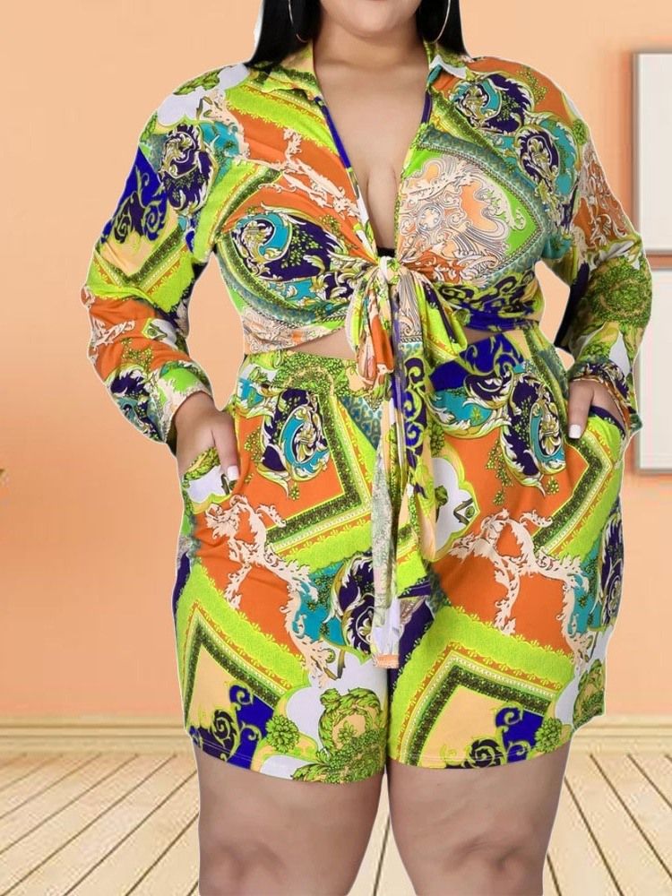 Shorts Blommig Western Tvådelad Set Dam Short Set Plus Size