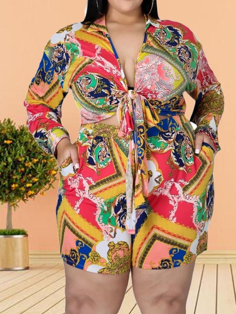 Shorts Blommig Western Tvådelad Set Dam Short Set Plus Size