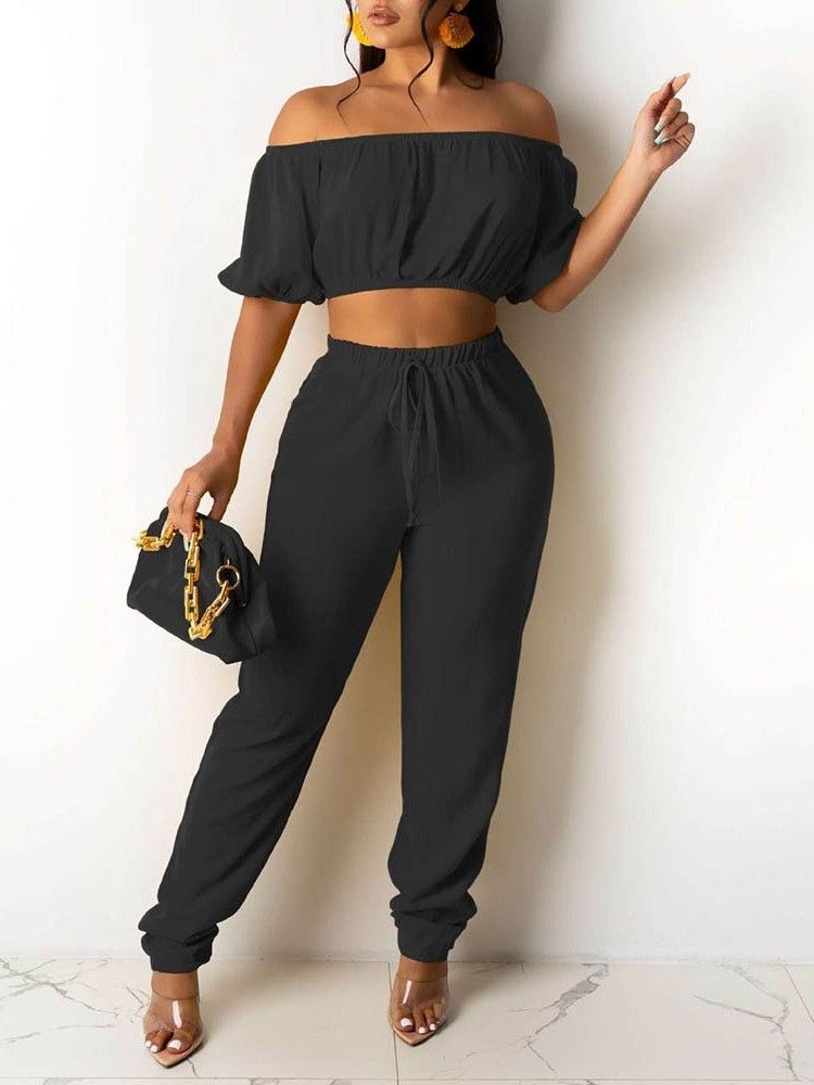 Skjorta Office Lady Plain Off Shoulder Pullover Dam Tvådelad Set
