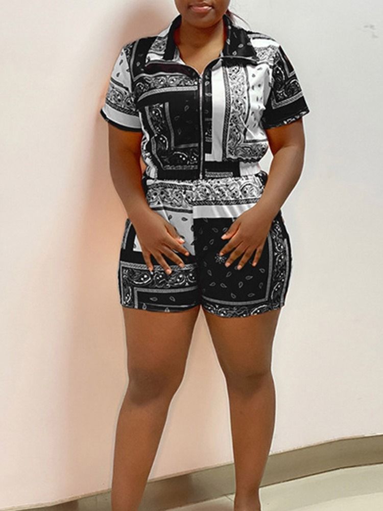 Skriv Ut Casual Shorts Lapel Enkelknäppt Dam Tvådelad Set