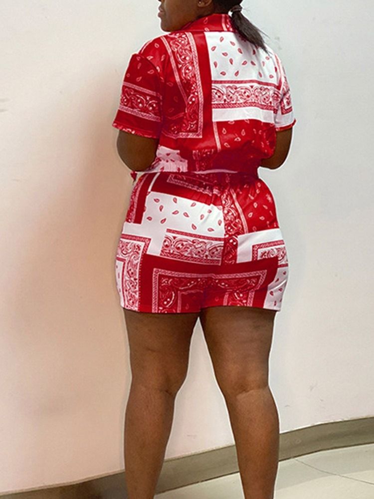 Skriv Ut Casual Shorts Lapel Enkelknäppt Dam Tvådelad Set