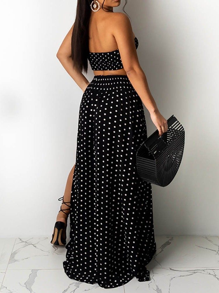 Split Sexig Polka Dots Off Shoulder Pullover I Två Delar Klänningsset För Kvinnor