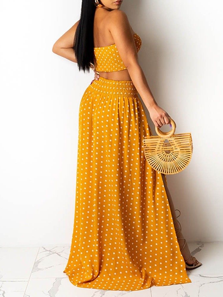 Split Sexig Polka Dots Off Shoulder Pullover I Två Delar Klänningsset För Kvinnor
