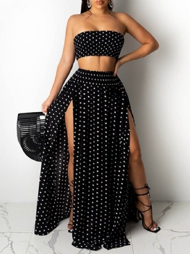 Split Sexig Polka Dots Off Shoulder Pullover I Två Delar Klänningsset För Kvinnor