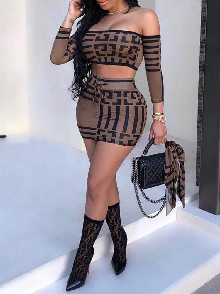 Sport Geometriskt Tryck Off Shoulder Bodycon Tvådelade Set