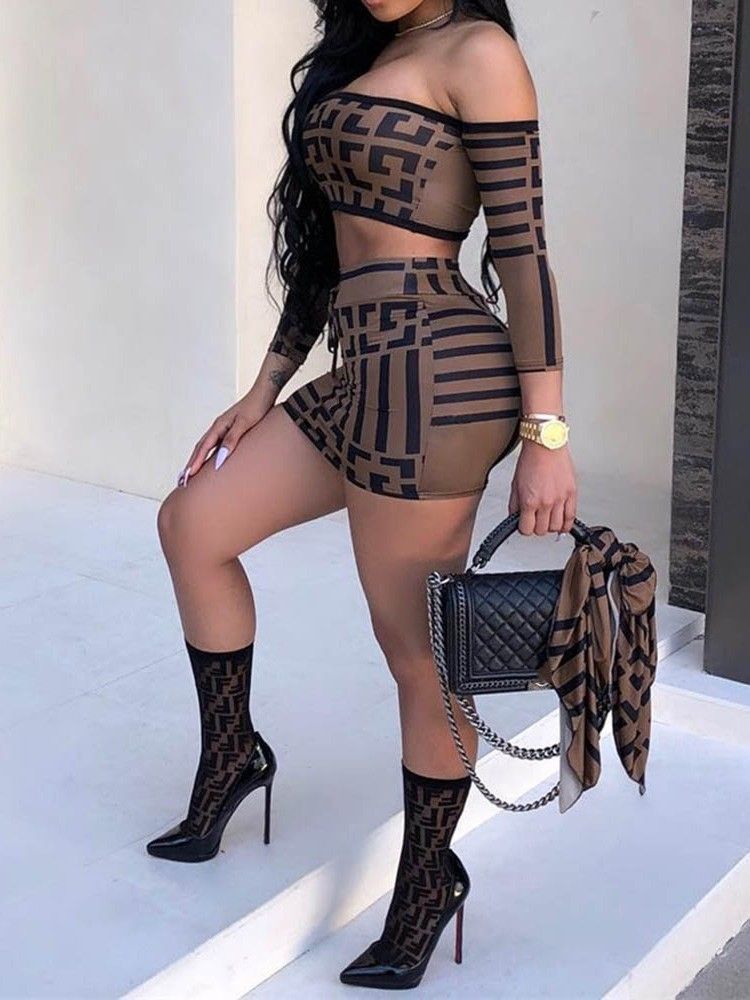 Sport Geometriskt Tryck Off Shoulder Bodycon Tvådelade Set