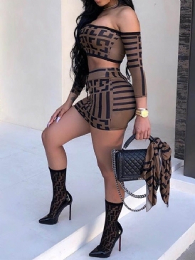 Sport Geometriskt Tryck Off Shoulder Bodycon Tvådelade Set