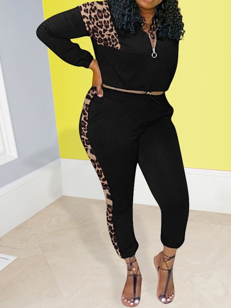 Sports Leopard Dragkedja Pencil Byxor Pullover Tvådelad Set
