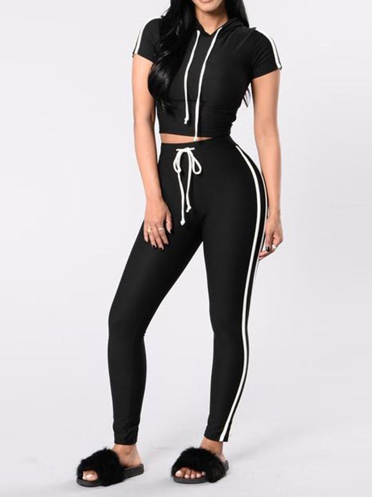 Stripe Fashion Patchwork Pencil Byxor Hooded Dam Tvådelade Set