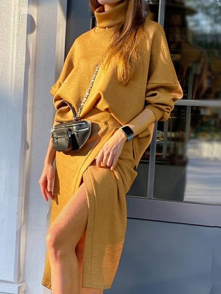 Sweet Split Plain Turtleneck Bodycon Tvådelade Set