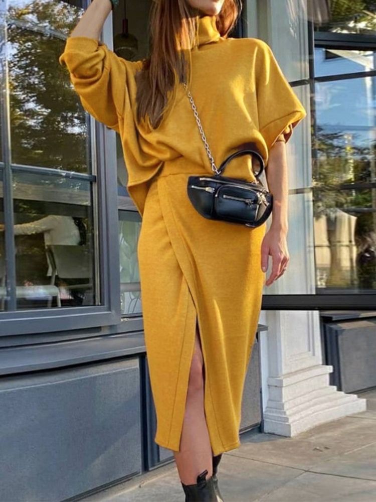 Sweet Split Plain Turtleneck Bodycon Tvådelade Set