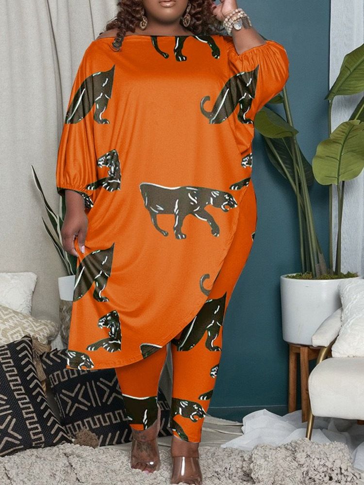 T-Shirt Animal Asymmetrisk Off Shoulder Pencil Pants I Två Delar