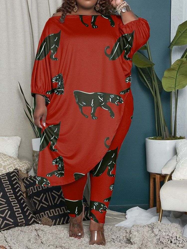 T-Shirt Animal Asymmetrisk Off Shoulder Pencil Pants I Två Delar