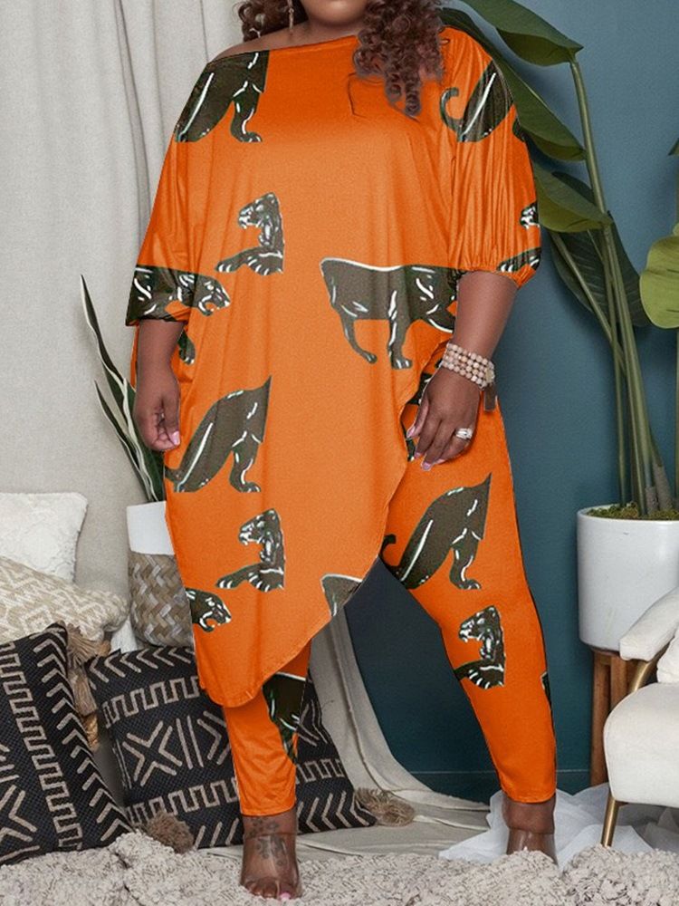 T-Shirt Animal Asymmetrisk Off Shoulder Pencil Pants I Två Delar