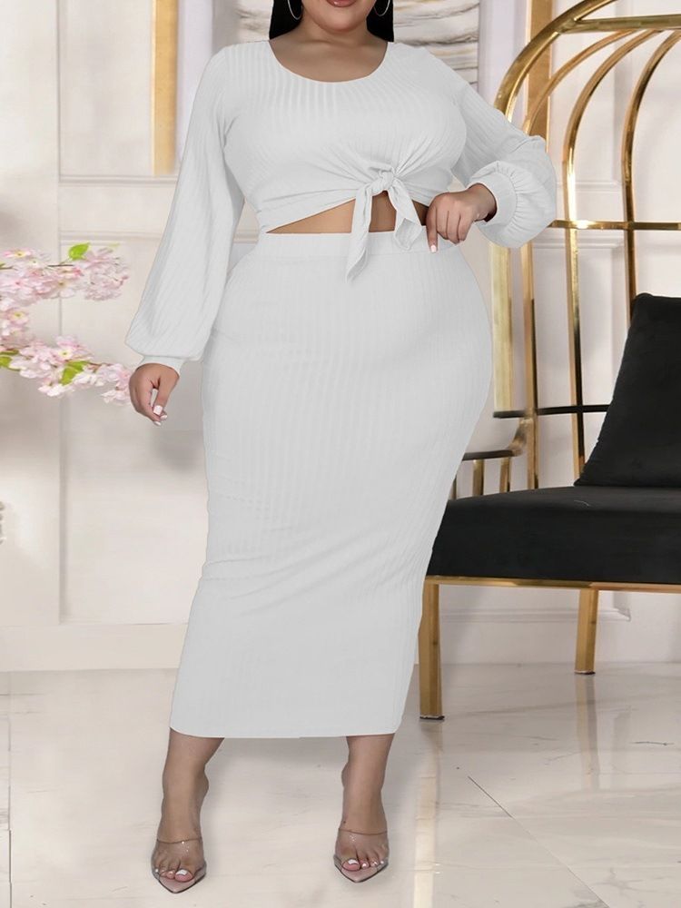 T-Shirt Vanlig Västerländsk Rund Hals Bodycon Tvådelade Set