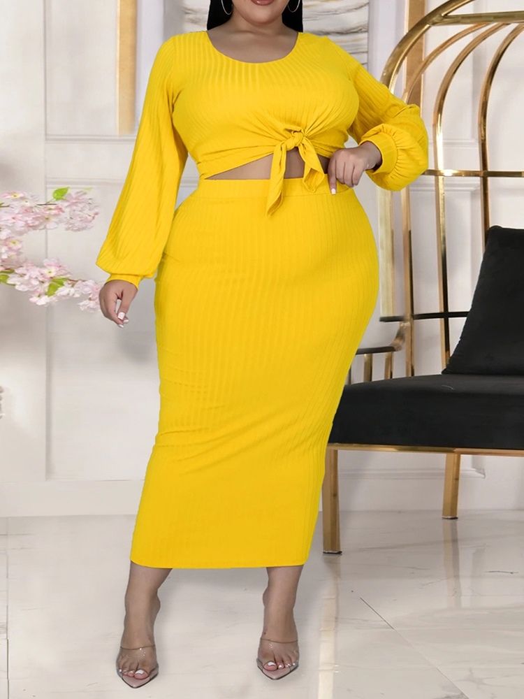 T-Shirt Vanlig Västerländsk Rund Hals Bodycon Tvådelade Set