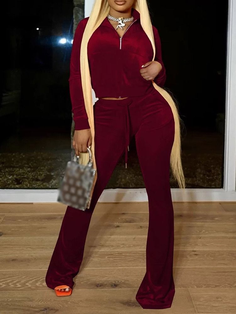 Vanlig Dragkedja Hoodie Bellbottoms Pullover I Två Delar