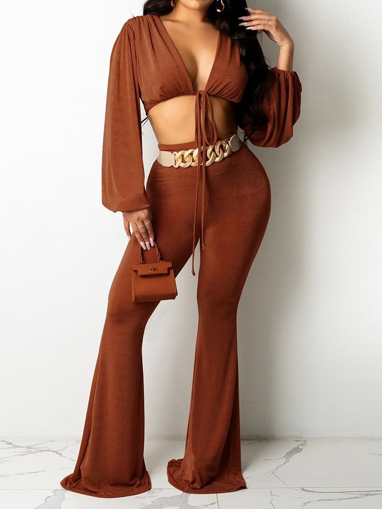 Vanlig T-Shirt Mode Bellbottoms V-Ringad Tvådelad Set