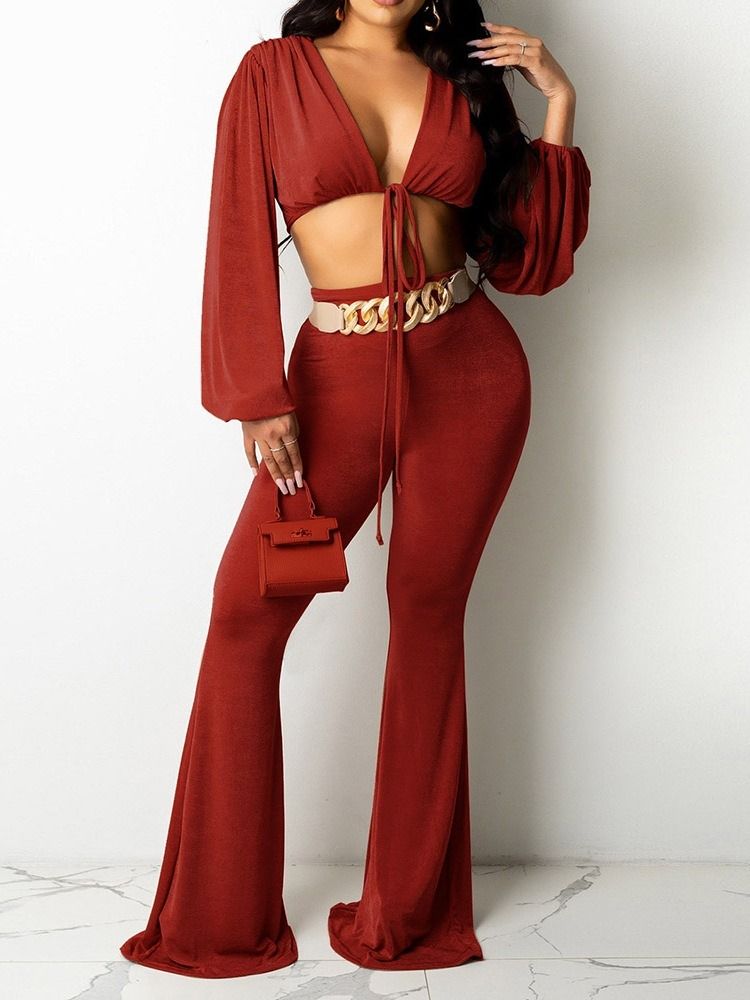 Vanlig T-Shirt Mode Bellbottoms V-Ringad Tvådelad Set