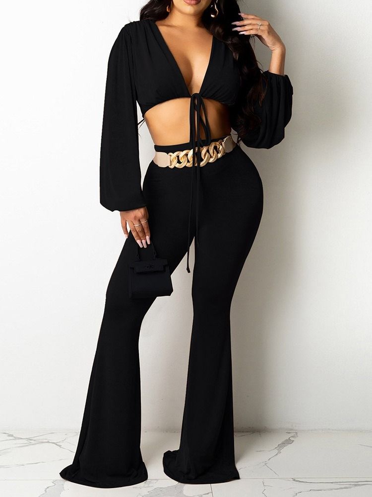 Vanlig T-Shirt Mode Bellbottoms V-Ringad Tvådelad Set